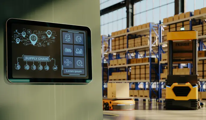 Digital supply chain interface and warehouse operations showing technology-execution disconnect