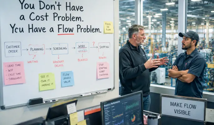 Factory team discussing flow bottlenecks as root cause of rising cost