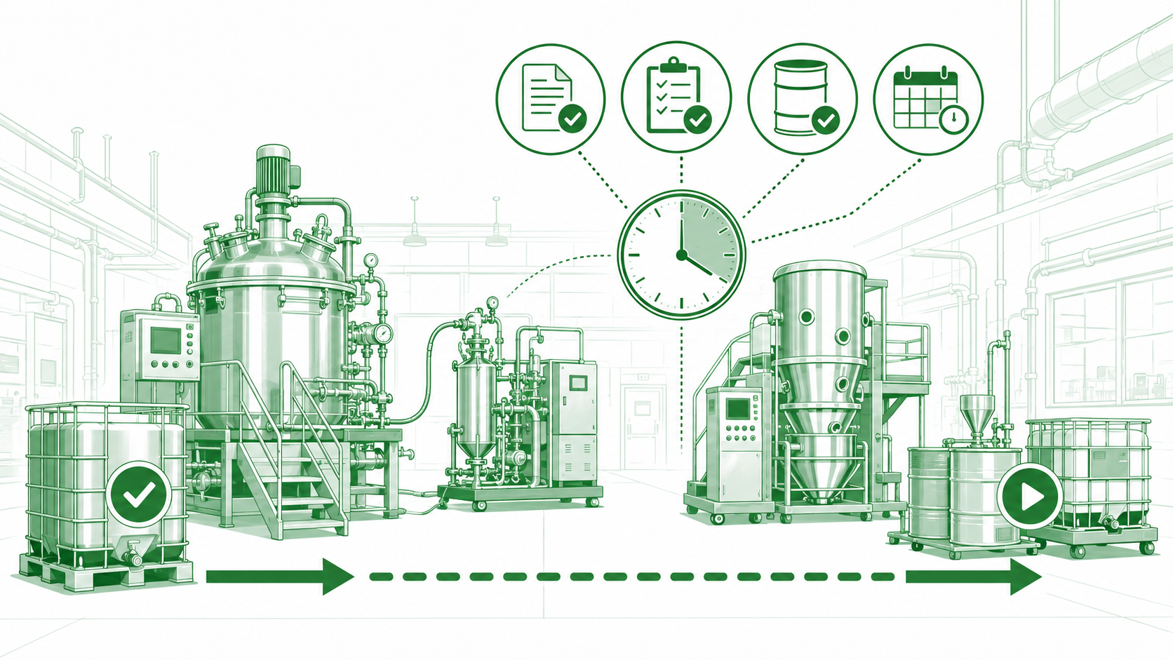 Illustration of a pharmaceutical production line between batches, with icons for cleaning, documentation, QA clearance and material status pointing to a batch-to-batch turnaround clock