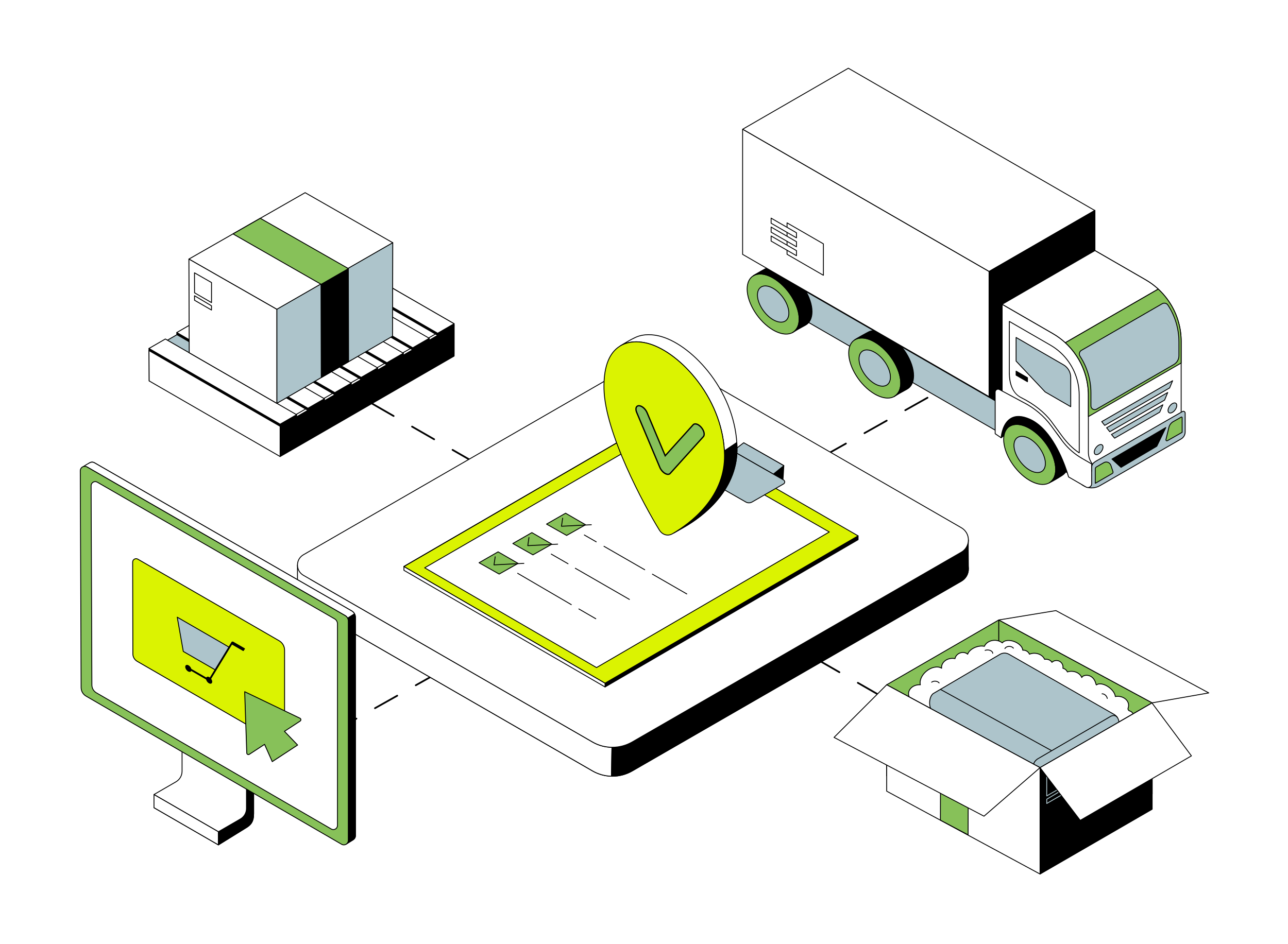 Supply chain and logistics management illustration showing conveyor belt, delivery truck, clipboard, monitor and open package