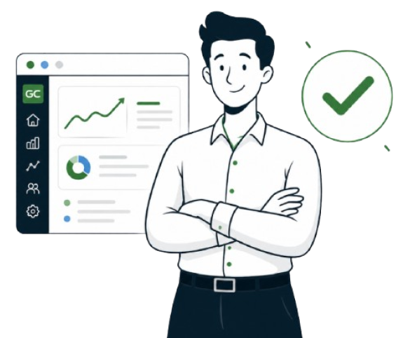 Operations leader beside a Gemba control-plan dashboard with a quality checkmark
