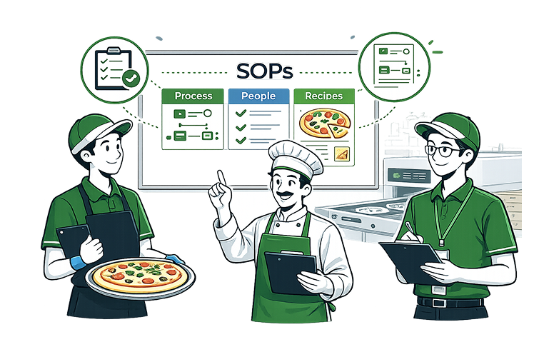Pizza outlet staff and chef reviewing an SOP board split into Process, People and Recipes