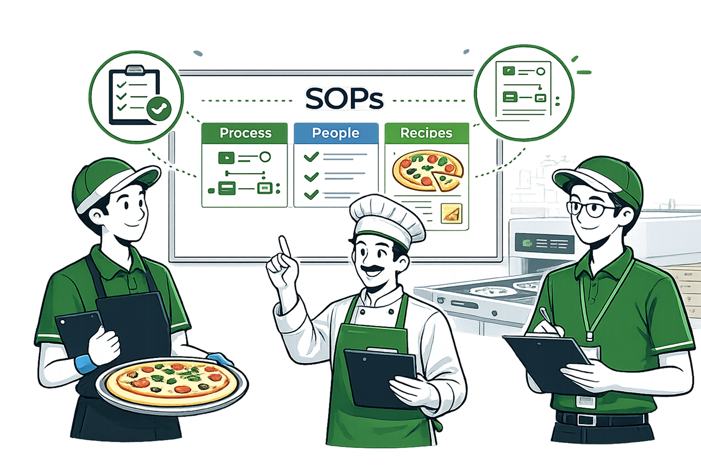 Pizza outlet staff and chef reviewing an SOP board split into Process, People and Recipes