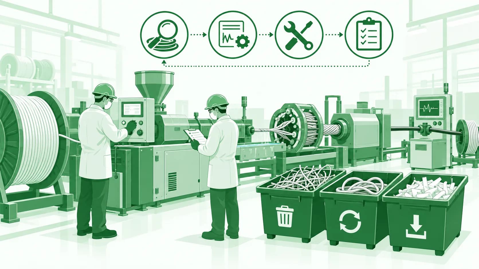 Illustration of a cable extrusion line with engineers reviewing process data beside separate scrap, rework and recycle bins