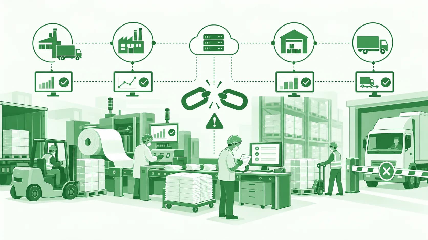 Illustration of a supply chain from factory to warehouse to truck connected through cloud systems, with a broken link where execution fails