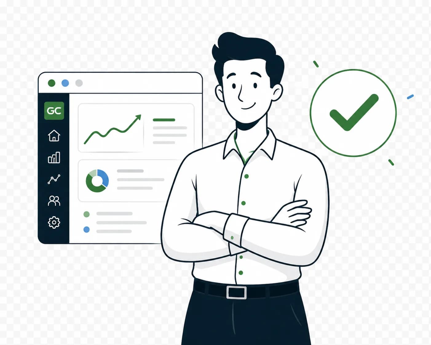 Operations leader beside a dashboard showing a rising trend and a completed check