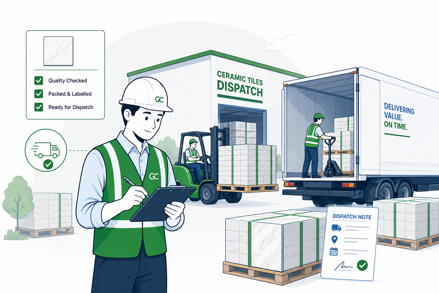 Warehouse team loading pallets of ceramic tiles onto a dispatch truck with a signed dispatch note