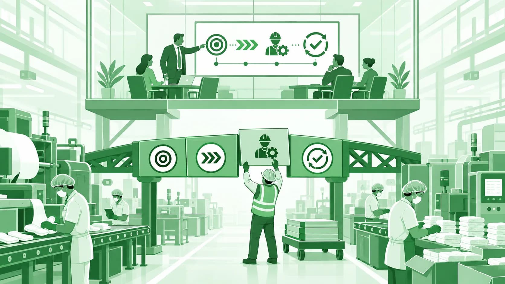 Illustration of leaders presenting strategy in a boardroom above a shopfloor, with a bridge of targets and checkpoints linking plan to execution