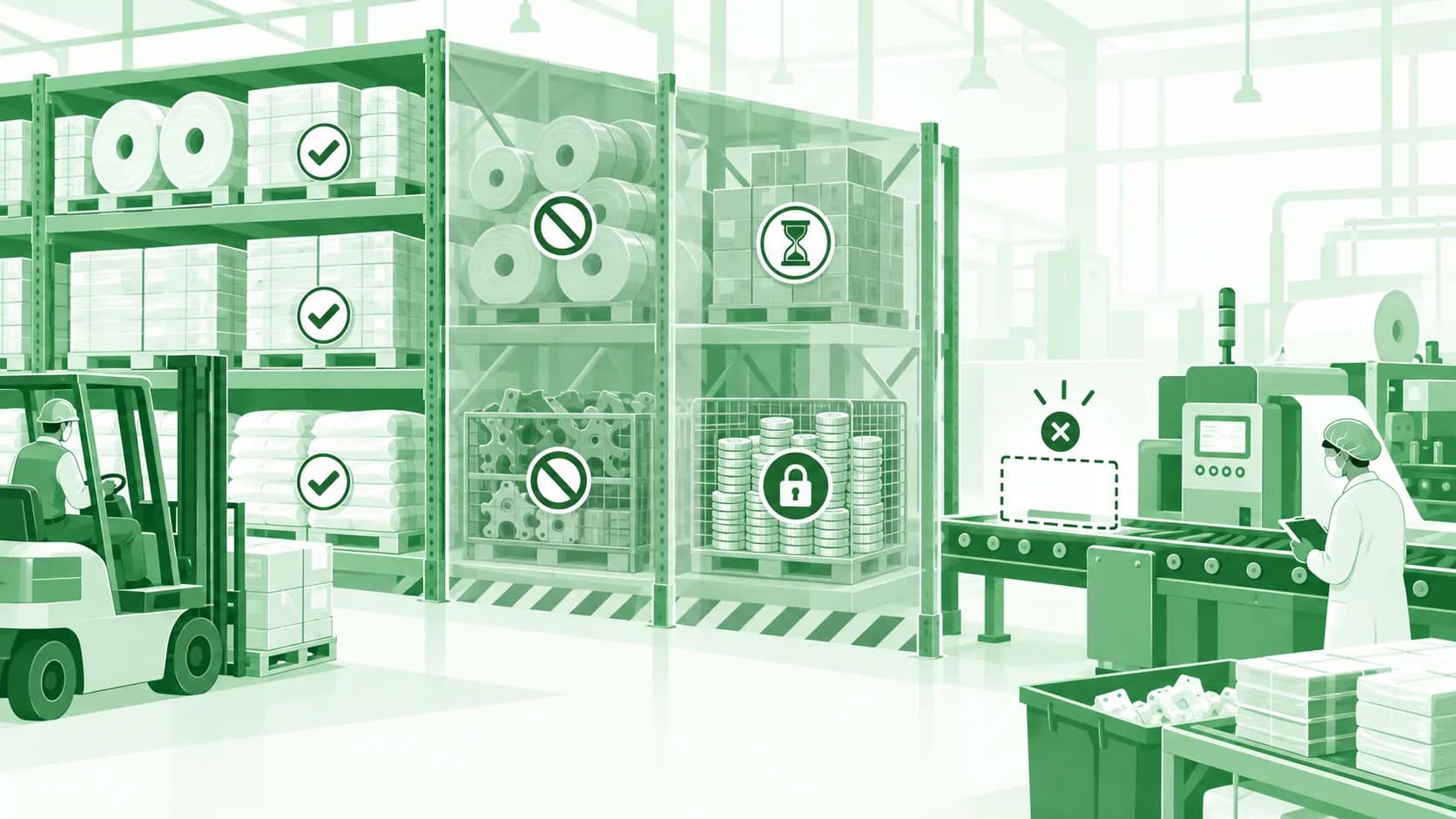 Illustration of a warehouse where some racked inventory is marked usable and the rest is blocked, expired or on hold