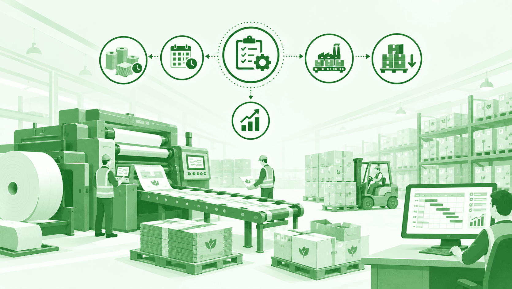 Illustration of a printing and packaging plant — a reel-fed press, board stock on pallets and a planner's screen — linked by a material, schedule, planning, production and stock workflow