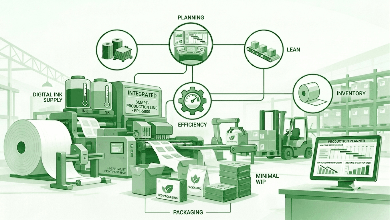 Illustration of a printing and packaging line — ink supply, a reel-fed press and finished packaging — connected to planning, efficiency, lean, inventory and a production planner screen