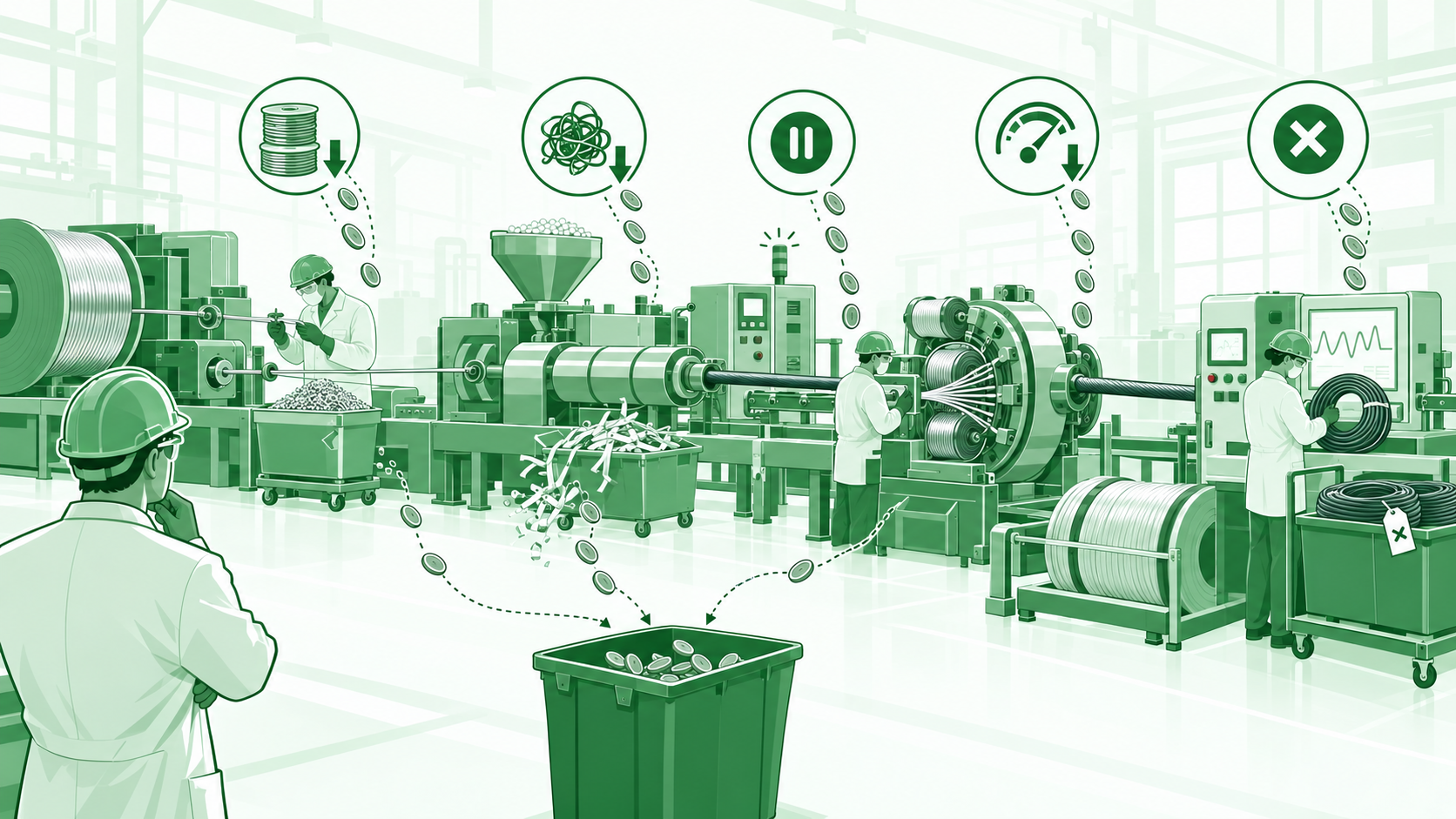 Illustration of a cable and wire plant with extrusion and drawing lines, where scrap, rework and idle-time icons trace hidden losses into a scrap bin