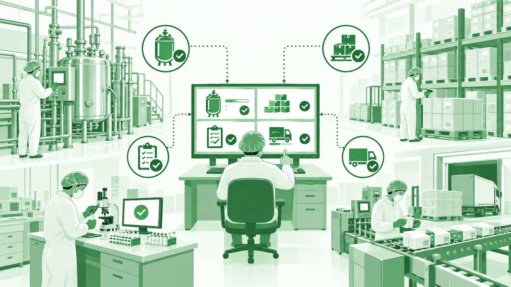 Illustration of a pharmaceutical plant where production, QC and warehouse areas feed one ERP screen showing live batch and stock status