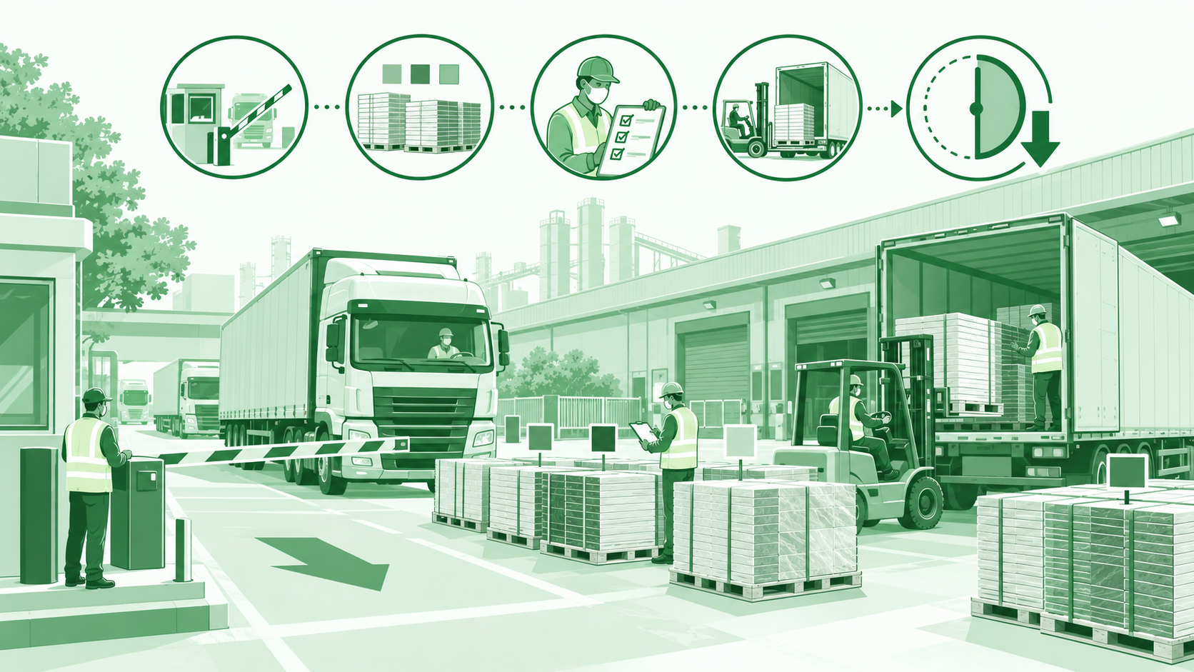 Illustration of a tile dispatch yard with trucks at the loading bay, pallets and forklifts, and icons tracing the gate-to-gate truck turnaround
