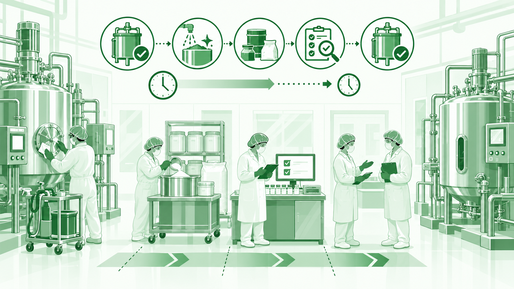 Illustration of a pharmaceutical suite where cleaning, documentation, QA clearance and material checks between batches are timed by a changeover clock