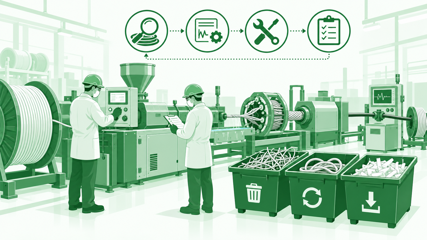 Illustration of a cable extrusion line with engineers reviewing process data beside separate scrap, rework and recycle bins