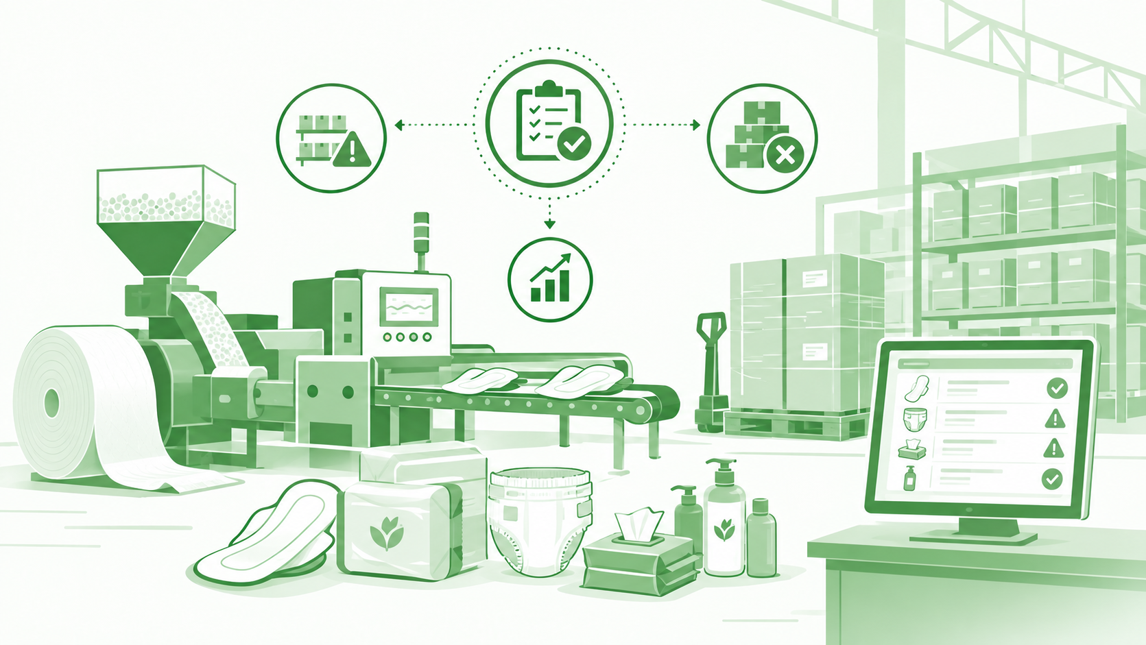 Illustration of a personal hygiene line producing pads, diapers, wipes and handwash, with warehouse stock and a dashboard flagging shortages and excess inventory