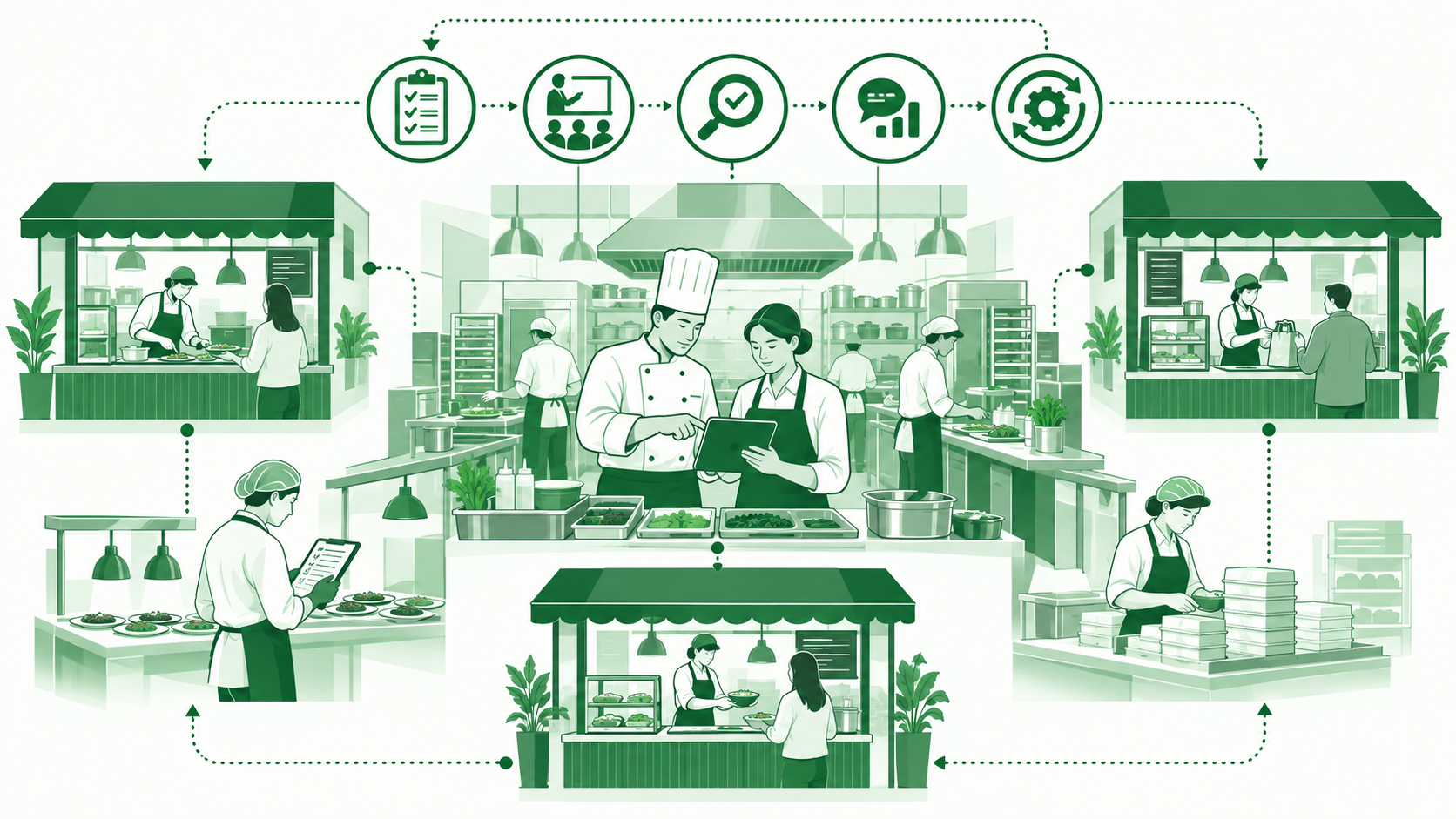 Illustration of a central kitchen connected to several restaurant outlets, with chefs and staff linked by SOP, training, audit and reporting icons