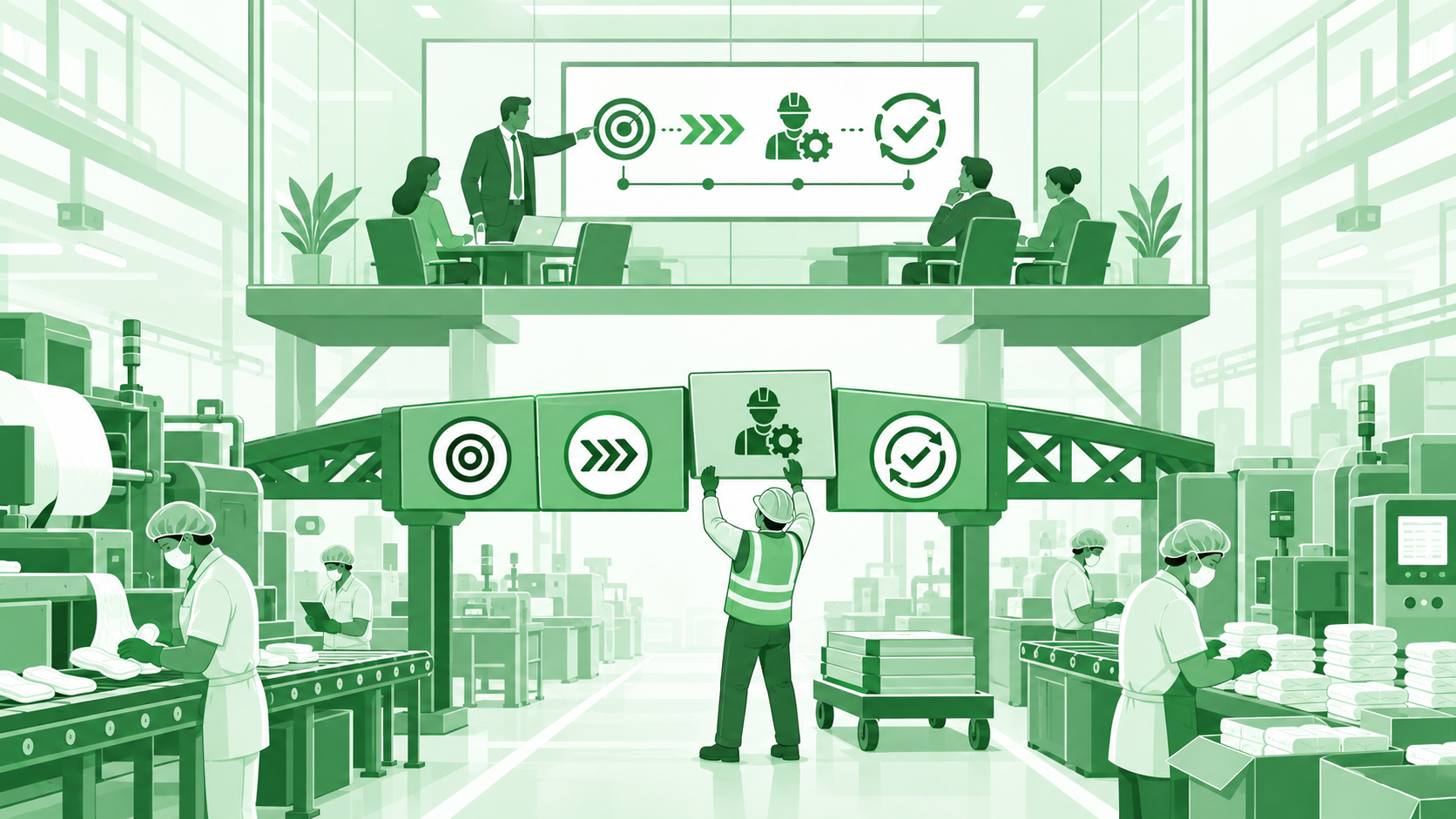 Illustration of leaders presenting strategy in a boardroom above a shopfloor, with a bridge of targets and checkpoints linking plan to execution