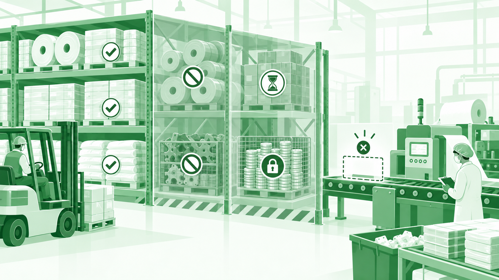 Illustration of a warehouse where some racked inventory is marked usable and the rest is blocked, expired or on hold