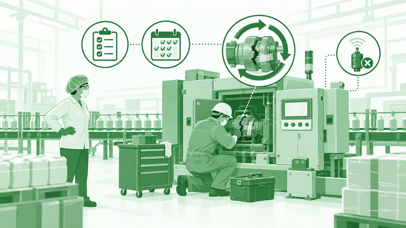 Illustration of a technician repairing a machine on the shopfloor, surrounded by PM checklist, schedule and breakdown-alert icons