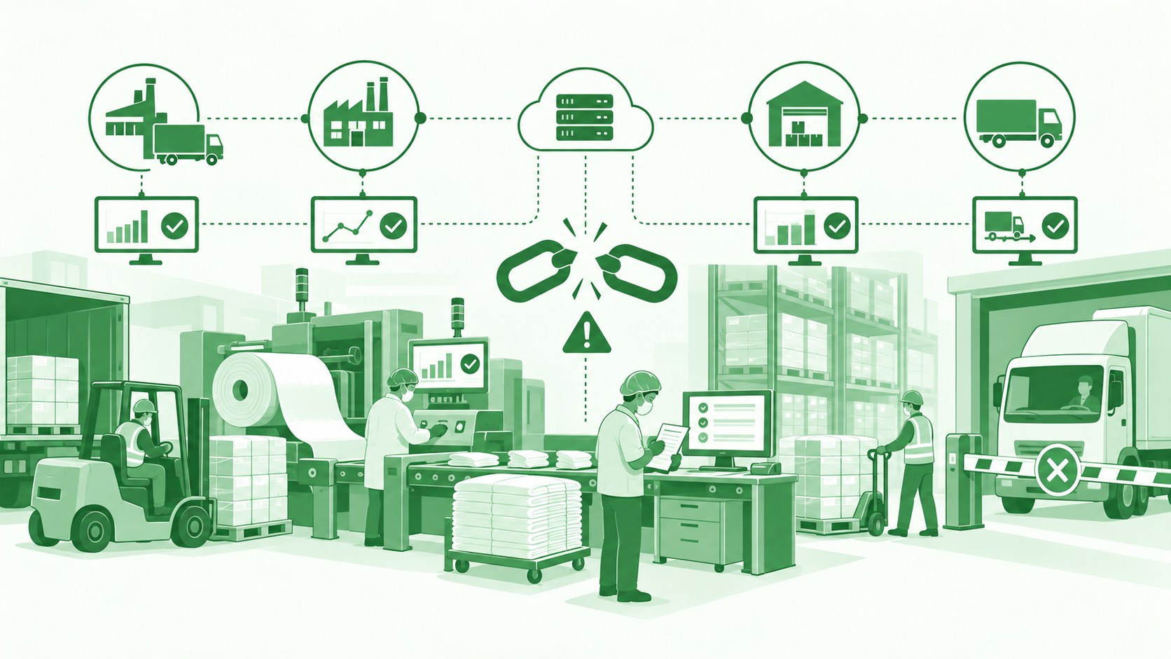Illustration of a supply chain from factory to warehouse to truck connected through cloud systems, with a broken link where execution fails