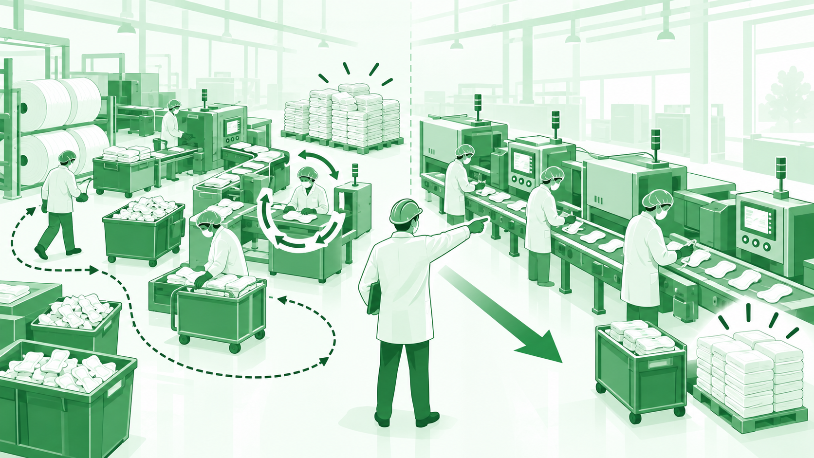 Illustration of a factory floor where work-in-progress piles up between stations while a supervisor points along the intended material flow