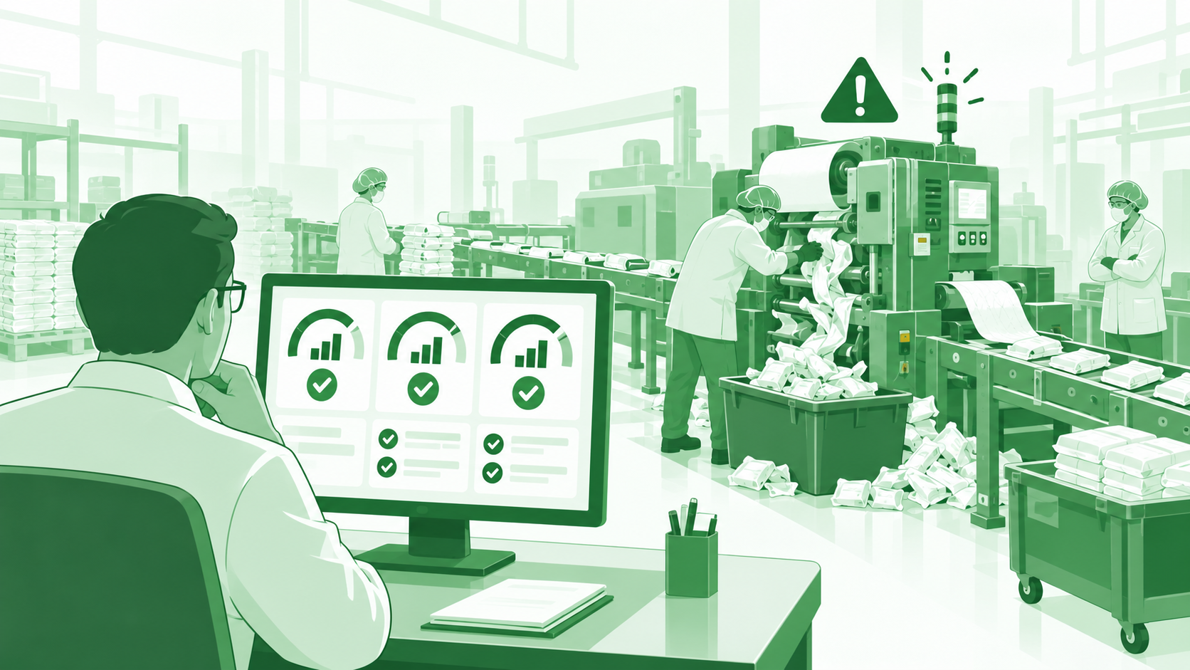 Illustration of a manager looking at an all-green dashboard while the production line behind shows a warning light, a jammed machine and scrap