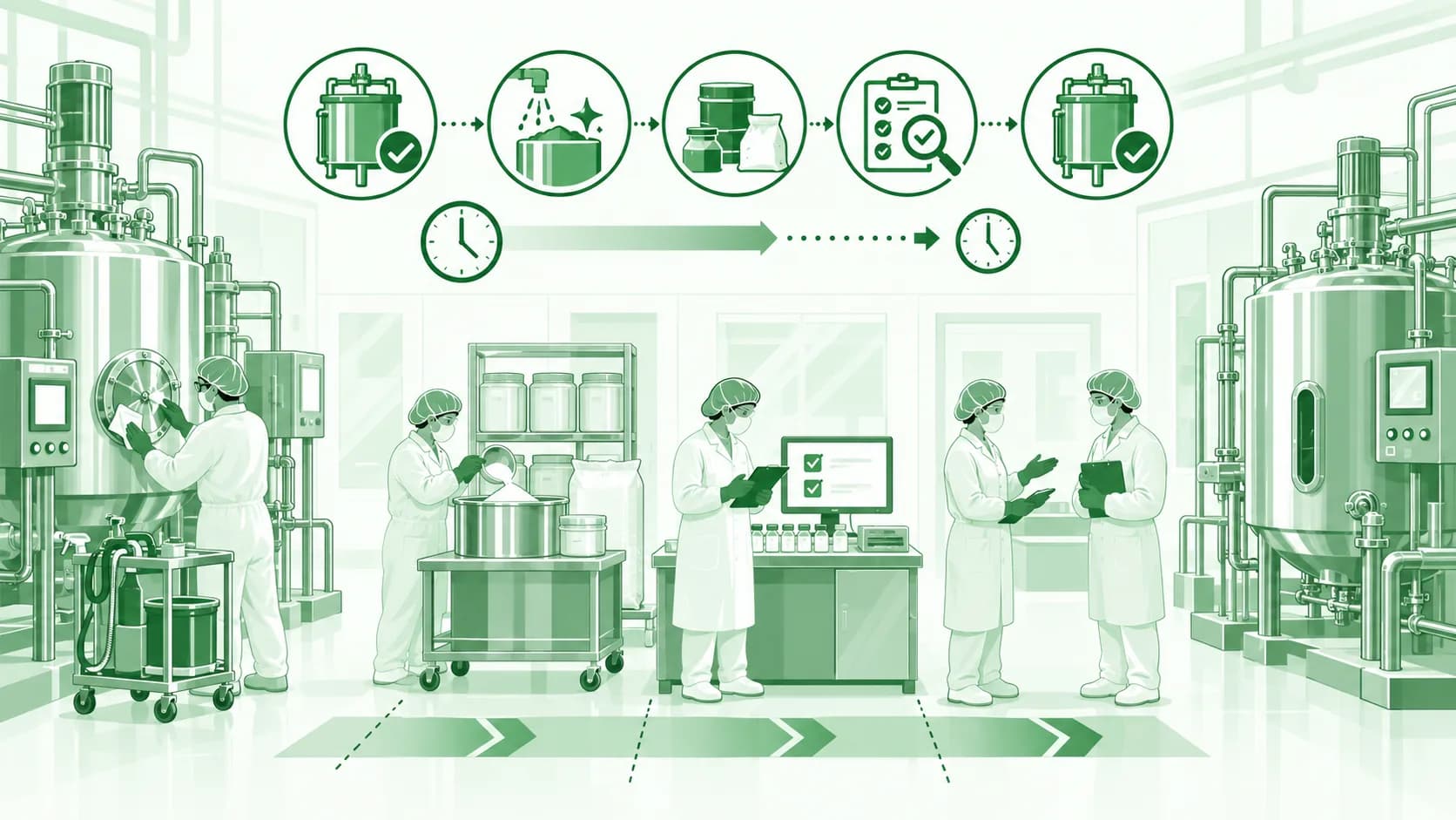 Illustration of a pharmaceutical suite where cleaning, documentation, QA clearance and material checks between batches are timed by a changeover clock