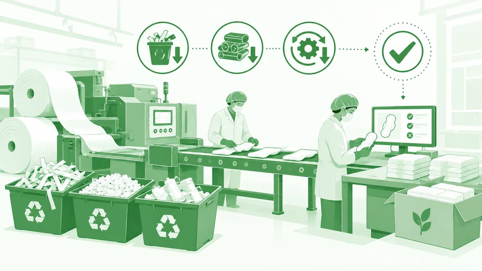 Illustration of a personal hygiene production line with operators inspecting pads beside recycling bins for trim and rejected material