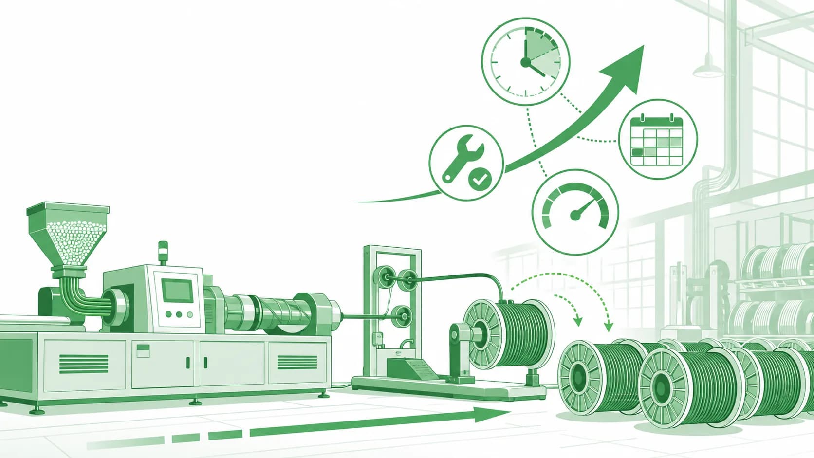 Cable extrusion line with drums of finished cable and rising output indicators