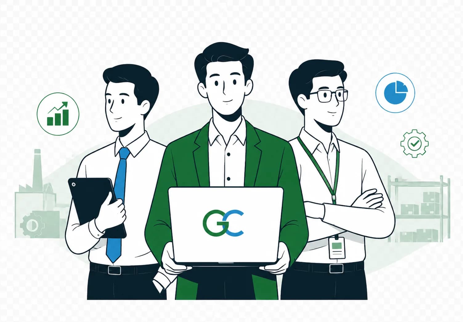 Three Gemba consultants with a laptop showing the Gemba Concepts mark