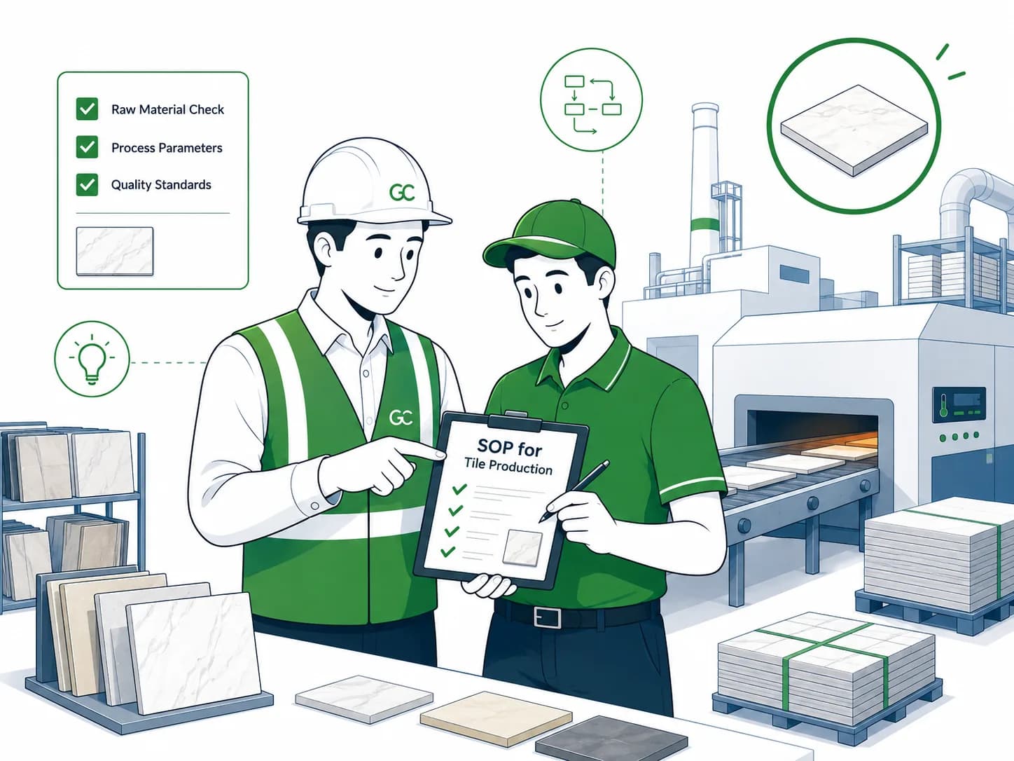 Gemba consultant reviewing a tile-production SOP with a shop-floor operator
