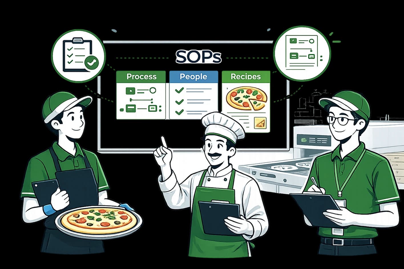 Pizza outlet staff and chef reviewing an SOP board split into Process, People and Recipes
