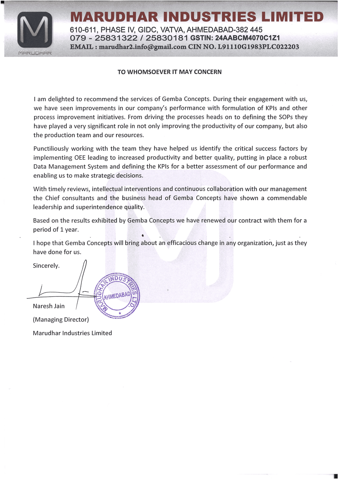 Marudhar Industries Limited- Client Testimonial