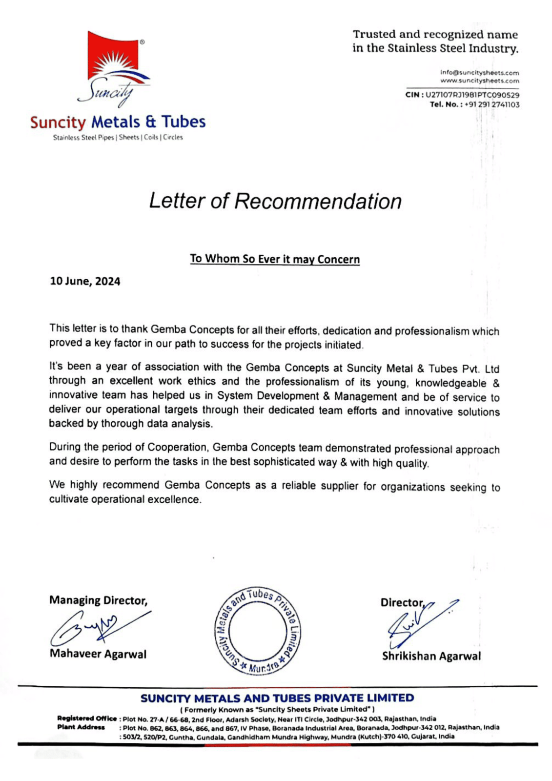 Suncity Metal & Tubes- Client Testimonials