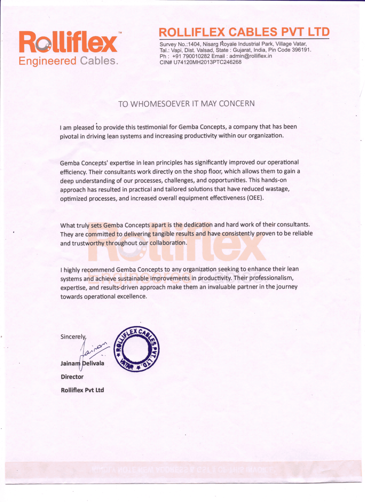 Rolliflex Engineered Cables PVT. LTD.- Client Testimonial