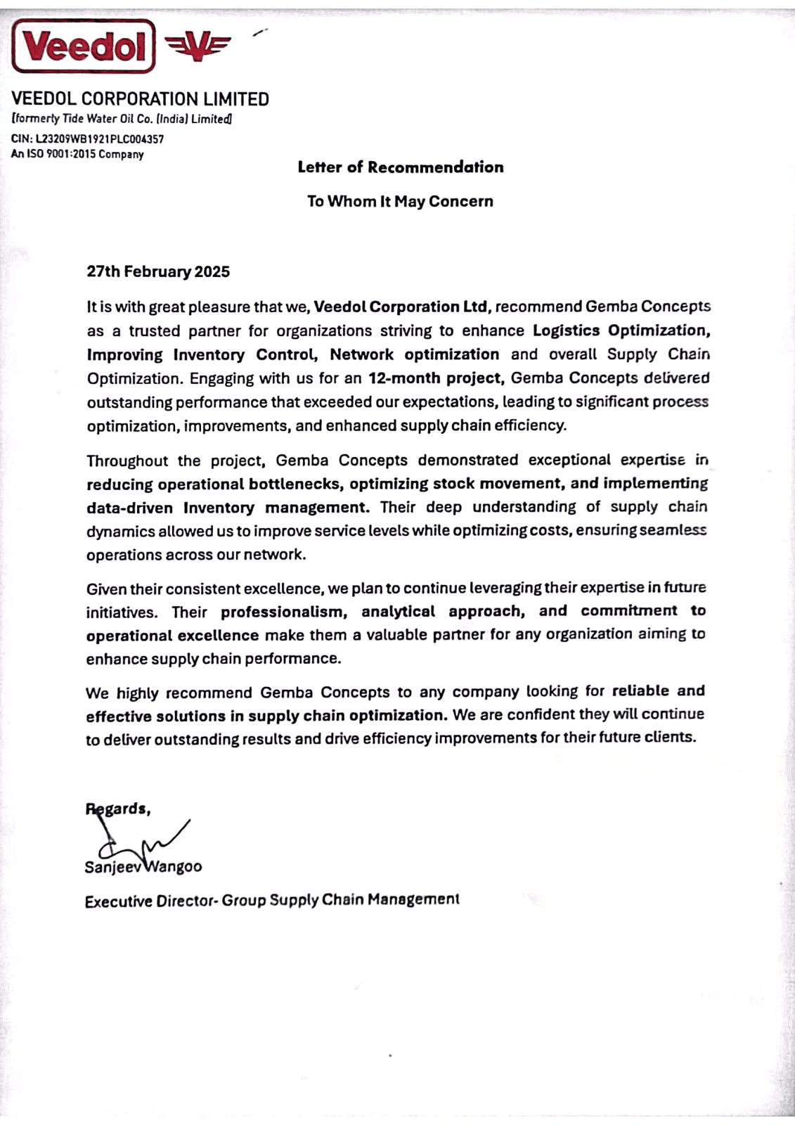 Veedol Corporation Limited- Client Testimonial